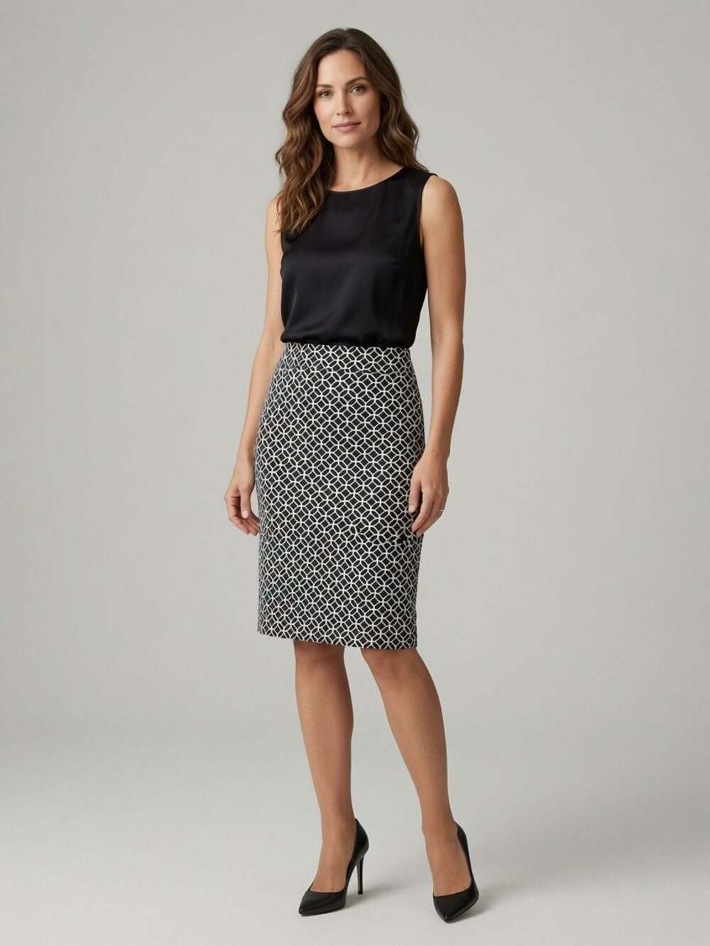 41 Hawthorn Blair Textured Knit Skirt in Navy Geometric Print
